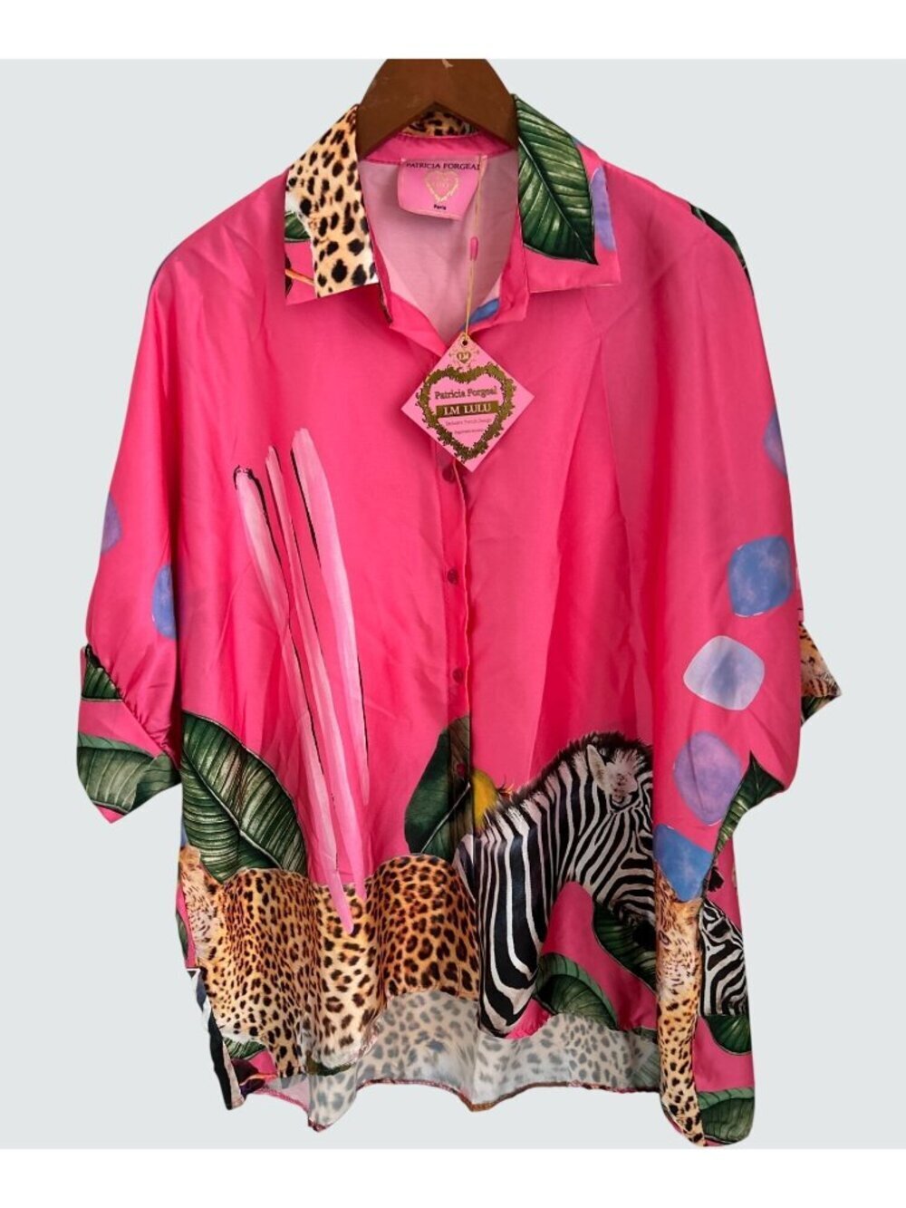 Patricia Forgeal LM Lulu Pink Button-Up Shirt With Jungle Safari Print Leopard &